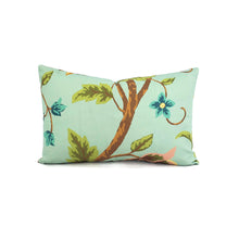 Load image into Gallery viewer, 12.5" x 20" Thibaut Baron in Aqua Lumbar Pillow Cover - Aqua with Exotic Bird Pattern Cotton Rectangle Cushion Cover