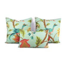 Load image into Gallery viewer, 12.5" x 20" Thibaut Baron in Aqua Lumbar Pillow Cover - Aqua with Exotic Bird Pattern Cotton Rectangle Cushion Cover