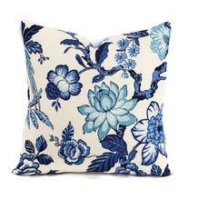Load image into Gallery viewer, F. Schumacher Huntington Gardens in Bleu Marine Pillow Cover - 20" x 20" Blue and Cream Floral Cushion Case - Fabric on BOTH SIDES