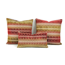 Load image into Gallery viewer, Kravet Aboca Velvet in Persimmon Lumbar Pillow Cover - 10.5" x 20" Red with Tan Geometric Velvet Cushion Cover - 35069-619