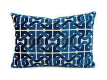 Load image into Gallery viewer, 14" x 20" Groundworks Cliffoney in Blue and White Lumbar Pillow Cover - Blue and White Fretwork Pattern Rectangle Cushion Case
