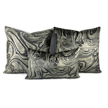 Load image into Gallery viewer, Holly Hunt MARBLED in Onyx Pillow Cover - 12" x 20" Black, Dark Gray, and Silver Velvet Marble Swirl Cushion Cover