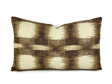 Load image into Gallery viewer, Schumacher RALEIGH IKAT PLAID in Brown and Cream Lumbar Pillow Cover - 12" x 20" Williamsburg Brown and Cream Abstract Pattern Cushion Cover