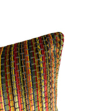 Load image into Gallery viewer, Schumacher Downtown Velvet in Autumn Lumbar Pillow Cover - 10" x 18" Red, Yellow, and Green Stripe Cut Velvet Cushion Cover