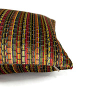 Load image into Gallery viewer, Schumacher Downtown Velvet in Autumn Lumbar Pillow Cover - 10" x 18" Red, Yellow, and Green Stripe Cut Velvet Cushion Cover