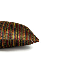 Load image into Gallery viewer, Schumacher Downtown Velvet in Autumn Lumbar Pillow Cover - 10" x 18" Red, Yellow, and Green Stripe Cut Velvet Cushion Cover