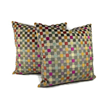 Load image into Gallery viewer, GP & J Baker Clarendon Small Check in Multi Pillow Cover - 20" x 20" Gray w/ Mango, Fuchsia, Sage and Blue Velvet Checkerboard Cushion Case