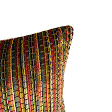 Load image into Gallery viewer, Schumacher Downtown Velvet in Autumn Lumbar Pillow Cover - 10" x 18" Red, Yellow, and Green Stripe Cut Velvet Cushion Cover
