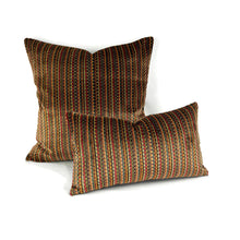 Load image into Gallery viewer, Schumacher Downtown Velvet in Autumn Lumbar Pillow Cover - 10" x 18" Red, Yellow, and Green Stripe Cut Velvet Cushion Cover