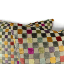 Load image into Gallery viewer, GP & J Baker Clarendon Small Check in Multi Pillow Cover - 20" x 20" Gray w/ Mango, Fuchsia, Sage and Blue Velvet Checkerboard Cushion Case