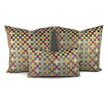 Load image into Gallery viewer, GP & J Baker Clarendon Small Check in Multi Pillow Cover - 20" x 20" Gray w/ Mango, Fuchsia, Sage and Blue Velvet Checkerboard Cushion Case