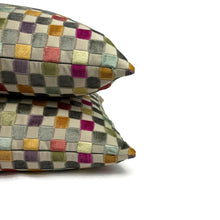 Load image into Gallery viewer, GP & J Baker Clarendon Small Check in Multi Pillow Cover - 20" x 20" Gray w/ Mango, Fuchsia, Sage and Blue Velvet Checkerboard Cushion Case