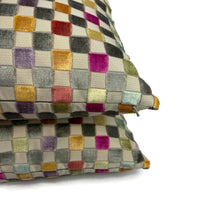 Load image into Gallery viewer, GP & J Baker Clarendon Small Check in Multi Pillow Cover - 20" x 20" Gray w/ Mango, Fuchsia, Sage and Blue Velvet Checkerboard Cushion Case
