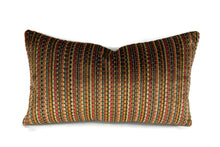 Load image into Gallery viewer, Schumacher Downtown Velvet in Autumn Lumbar Pillow Cover - 10" x 18" Red, Yellow, and Green Stripe Cut Velvet Cushion Cover