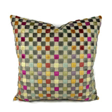 Load image into Gallery viewer, GP & J Baker Clarendon Small Check in Multi Pillow Cover - 20" x 20" Gray w/ Mango, Fuchsia, Sage and Blue Velvet Checkerboard Cushion Case