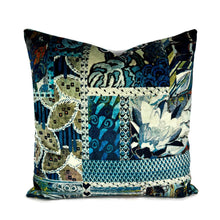 Load image into Gallery viewer, GP & J Baker BARCELONA in Teal Pillow Cover - 20" x 20" Blue- White -Patchwork Floral and Geometric Velvet Cushion Case
