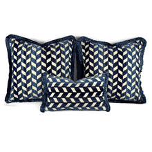 Load image into Gallery viewer, Schumacher Chevron Stire Velvet in Lapis with Scalamandre Brush Fringe Pillow Cover - 20" x 20" Blue and Ivory Velvet Cushion Case