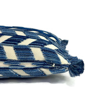 Load image into Gallery viewer, Schumacher Chevron Stire Velvet in Lapis with Scalamandre Brush Fringe Lumbar Pillow Cover - 10" x 17" Blue and Ivory Velvet Cushion Case