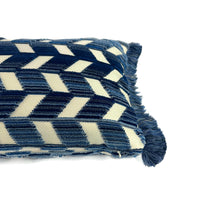 Load image into Gallery viewer, Schumacher Chevron Stire Velvet in Lapis with Scalamandre Brush Fringe Lumbar Pillow Cover - 10" x 17" Blue and Ivory Velvet Cushion Case
