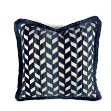Load image into Gallery viewer, Schumacher Chevron Stire Velvet in Lapis with Scalamandre Brush Fringe Pillow Cover - 20" x 20" Blue and Ivory Velvet Cushion Case