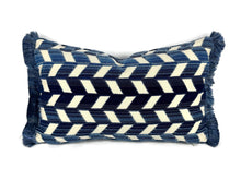 Load image into Gallery viewer, Schumacher Chevron Stire Velvet in Lapis with Scalamandre Brush Fringe Lumbar Pillow Cover - 10" x 17" Blue and Ivory Velvet Cushion Case
