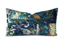 Load image into Gallery viewer, GP & J Baker BARCELONA in Teal Lumbar Pillow Cover - 11" x 20" Blue- White -Patchwork Floral and Geometric Velvet Cushion Case