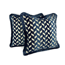 Load image into Gallery viewer, Schumacher Chevron Stire Velvet in Lapis with Scalamandre Brush Fringe Pillow Cover - 20" x 20" Blue and Ivory Velvet Cushion Case