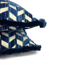 Load image into Gallery viewer, Schumacher Chevron Stire Velvet in Lapis with Scalamandre Brush Fringe Pillow Cover - 20" x 20" Blue and Ivory Velvet Cushion Case