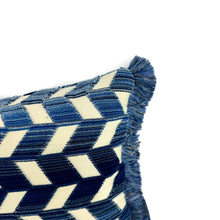 Load image into Gallery viewer, Schumacher Chevron Stire Velvet in Lapis with Scalamandre Brush Fringe Lumbar Pillow Cover - 10" x 17" Blue and Ivory Velvet Cushion Case