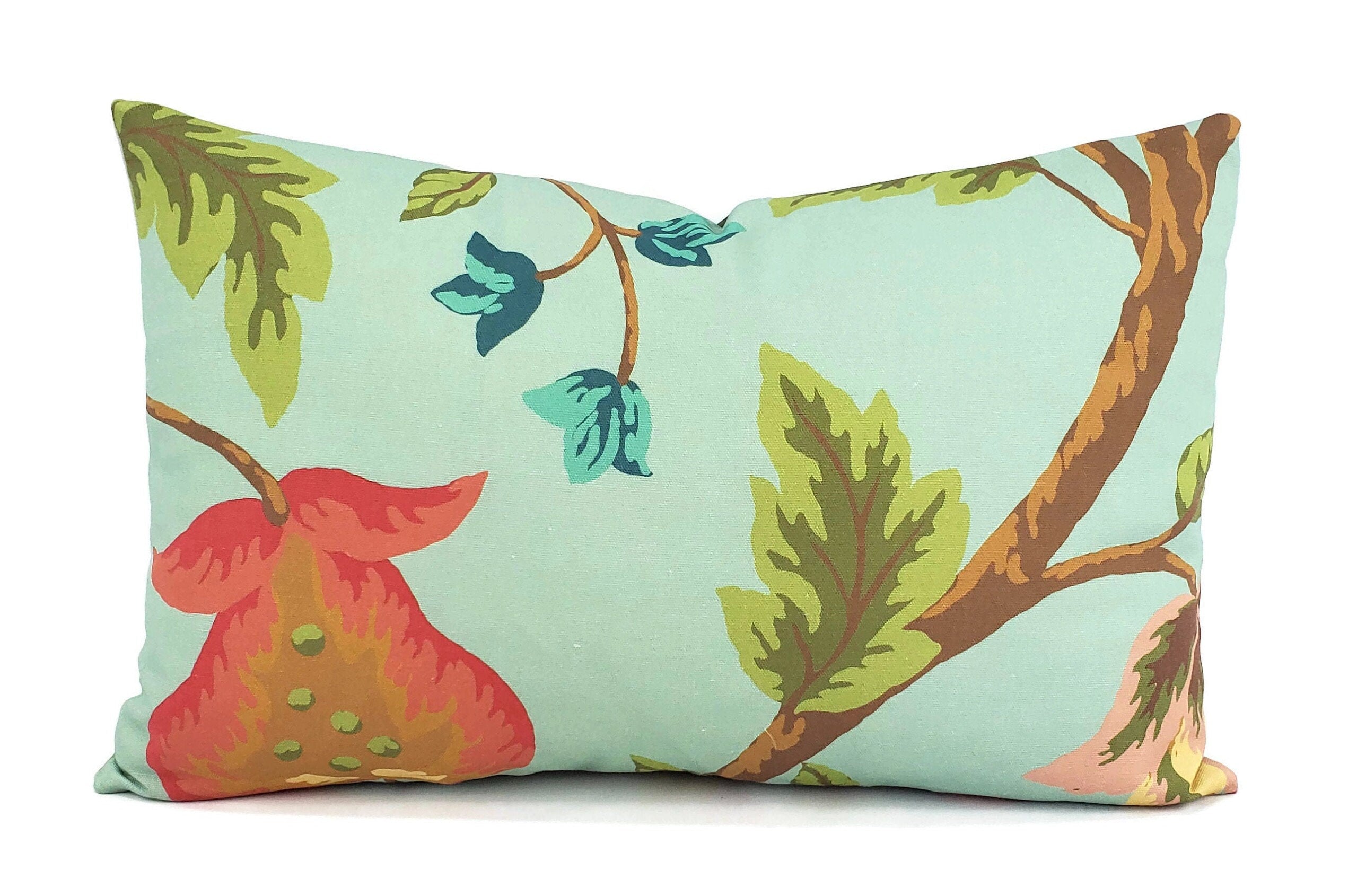 12.5" x 20" Thibaut Baron in Aqua Lumbar Pillow Cover - Aqua with Exotic Bird Pattern Cotton Rectangle Cushion Cover