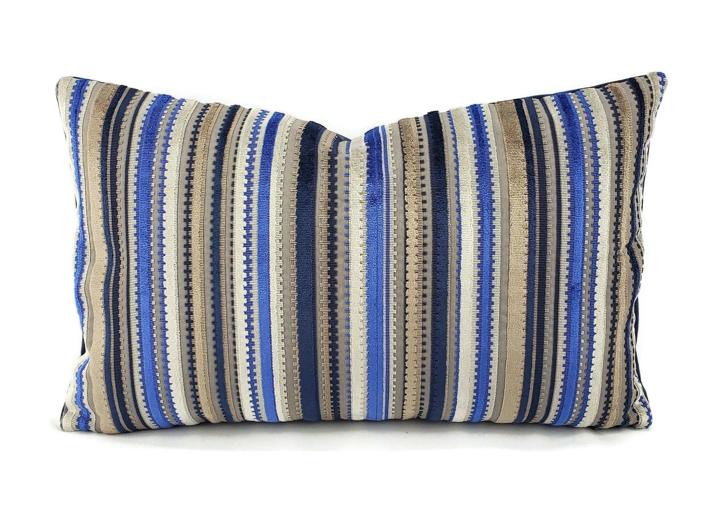 13" x 21" Osborne and Little Corniche in Ultramarine Lumbar Pillow Cover - Blue and Gray Velvet Stripe Cushion Case