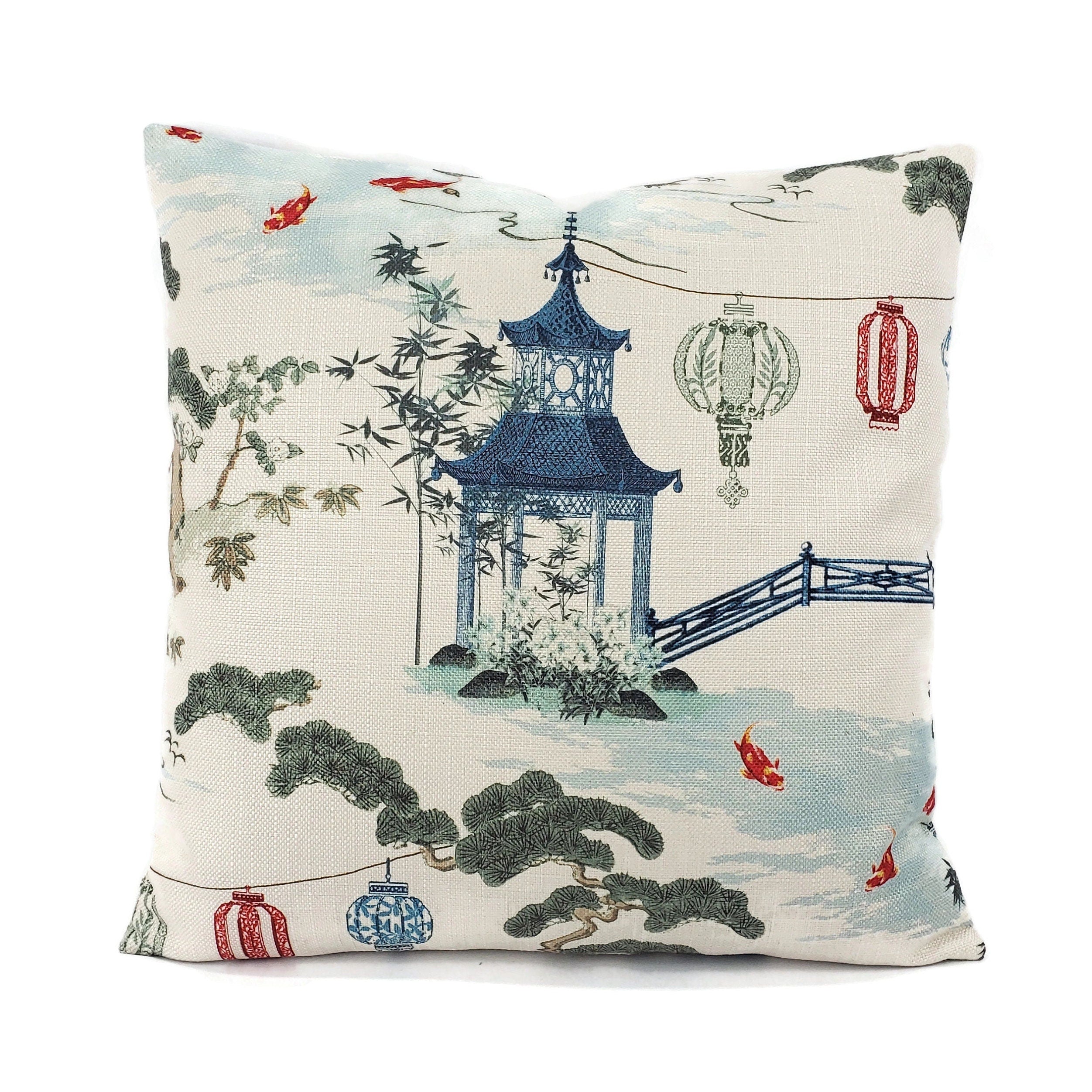 Kirin in Pearl Pillow Cover - Chinoiserie Asian Print in Navy Blue Cushion Case