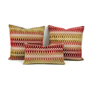 Kravet Aboca Velvet in Persimmon Lumbar Pillow Cover - 10.5" x 20" Red with Tan Geometric Velvet Cushion Cover - 35069-619