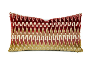 Kravet Aboca Velvet in Persimmon Lumbar Pillow Cover - 10.5" x 20" Red with Tan Geometric Velvet Cushion Cover - 35069-619