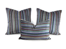 Load image into Gallery viewer, 13&quot; x 20&quot; Black, Silver, White, Purple, and Blue Stripe Heavy Duty Velvet Lumbar Pillow Cover
