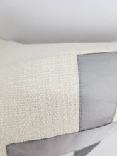 Load image into Gallery viewer, Ivory Texture Fabric with Silver Gray Fretwork Ribbon Pillow Cover
