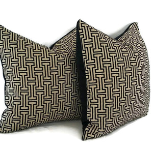 Light Gold with Black Geometric  Woven Pillow Cover