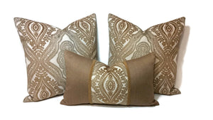 Golden Tan Damask Raised Chenille Pillow Cover