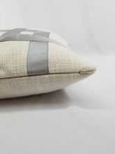 Load image into Gallery viewer, Ivory Texture Fabric with Silver Gray Fretwork Ribbon Pillow Cover
