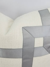 Load image into Gallery viewer, Ivory Texture Fabric with Silver Gray Fretwork Ribbon Pillow Cover
