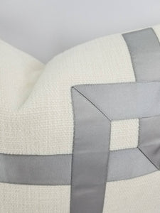 Ivory Texture Fabric with Silver Gray Fretwork Ribbon Pillow Cover