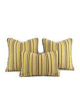 Load image into Gallery viewer, 14&quot;x 20&quot; Gold, Yellow, Tan, Gray, Cream, and Brown Cut Velvet Striped Lumbar Pillow Cover with Self-Welt
