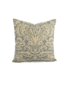 Dark Tan and Smokey Blue Damask Linen Print Pillow Cover - 20" x 20"