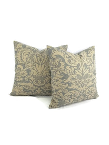 Dark Tan and Smokey Blue Damask Linen Print Pillow Cover - 20" x 20"