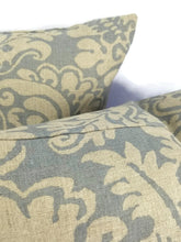 Load image into Gallery viewer, Dark Tan and Smokey Blue Damask Linen Print Pillow Cover - 20&quot; x 20&quot;
