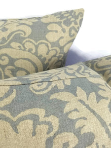 Dark Tan and Smokey Blue Damask Linen Print Pillow Cover - 20" x 20"