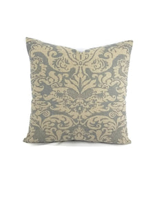 Dark Tan and Smokey Blue Damask Linen Print Pillow Cover - 20" x 20"