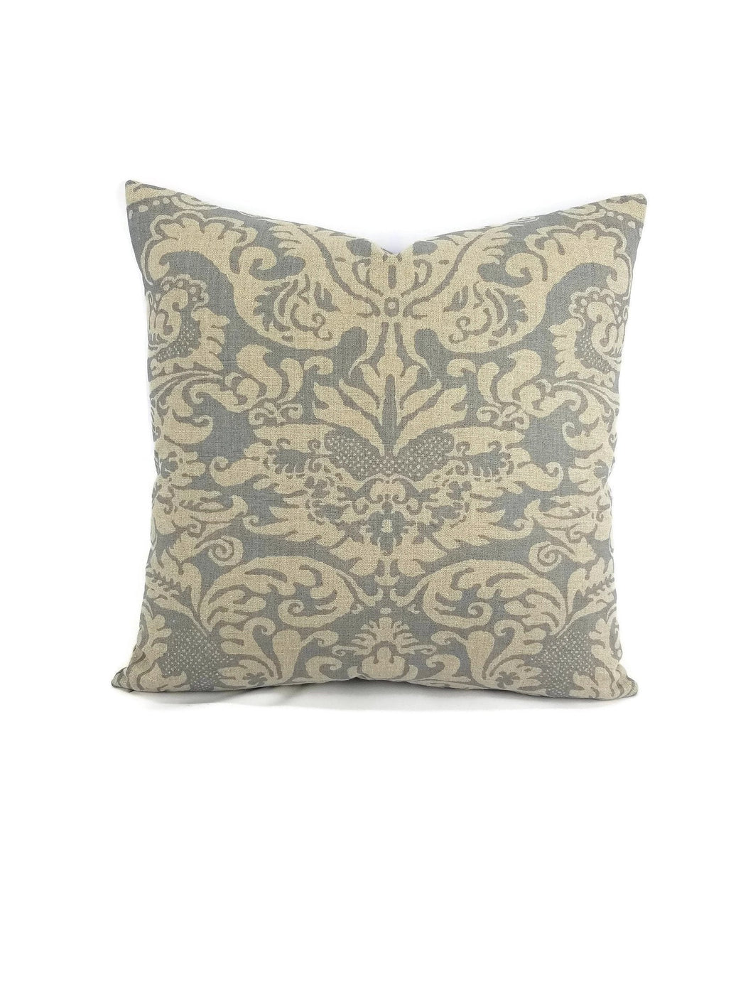 Dark Tan and Smokey Blue Damask Linen Print Pillow Cover - 20