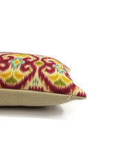 Load image into Gallery viewer, 12&quot; x 23&quot; Burgundy, Tan, Yellow, Green, and Blue Ikat Lumbar Pillow Cover
