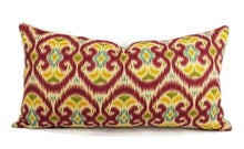 Load image into Gallery viewer, 12&quot; x 23&quot; Burgundy, Tan, Yellow, Green, and Blue Ikat Lumbar Pillow Cover
